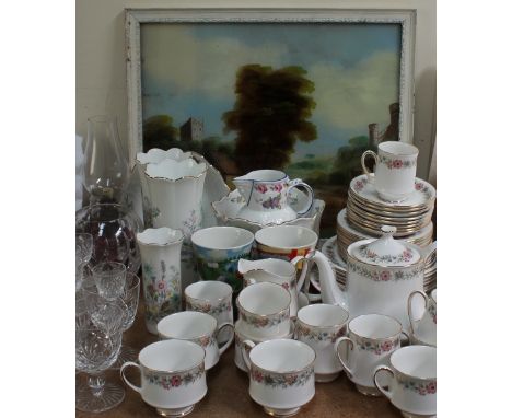 A Paragon Belinda part tea service together with Aynsley vases, drinking glasses, cranberry glass oil lamp, fishing rod, pain