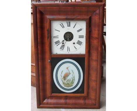 A 19th century mahogany framed Seth Thomas American wall clock with a panel painted with a crane