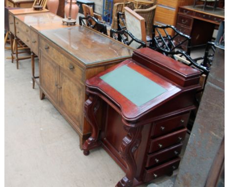 A reproduction mahogany Davenport together with a burr walnut dressing chest and a burr walnut dressing table