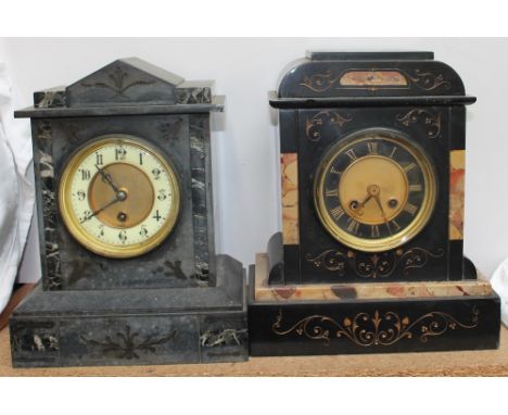 A black slate mantle clock of architectural form the dial with Arabic numerals together with another black slate mantle clock