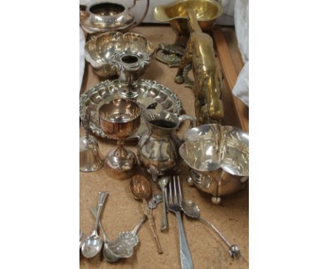 A silver sugar basin together with assorted electroplated and brass items