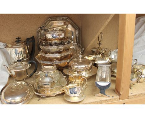 Assorted electroplated wares including hot water pots, pedestal dishes, egg cups etc