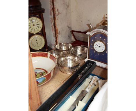 A Spode mantle clock together with a Royal Doulton Golfing collection bowl, electroplated bottle coasters, clock/ thermometer