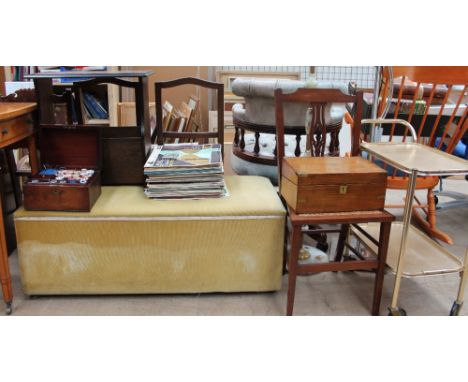 A walnut laptop desk together with a mahogany sewing box, an ottoman, records magazine rack, onyx standard lamp, stainless st