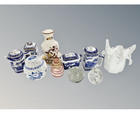 A Masons brown velvet vase and similar stand, four pieces of Ringtons willow pattern china, three glass paperweights, Rington