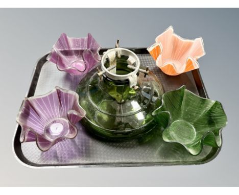 Four envelope glass dishes and further glass oil lamp base 