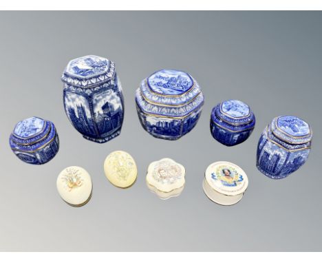 Five Ringtons blue and white Cathedral caddies, four further trinket boxes and a boxed Ringtons 'Tea and More to Your Door' r