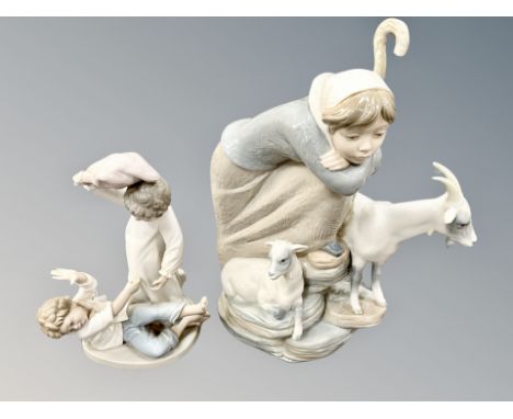 Two Nao figures - Shepherd by rocks height 35 cm, together with The pillow fight. (2)