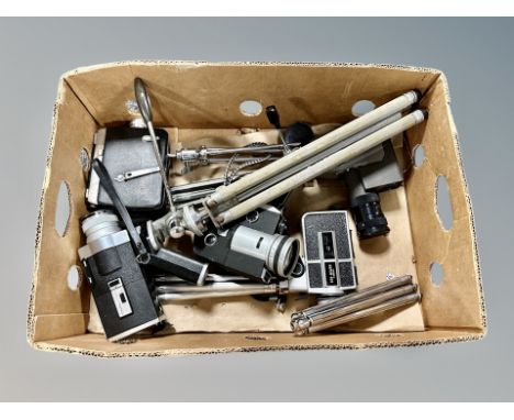 A box of vintage cameras and tripods, Yashica Super-40K, Minolta Super 8, Cine-kodak Royal Magazine camera etc 