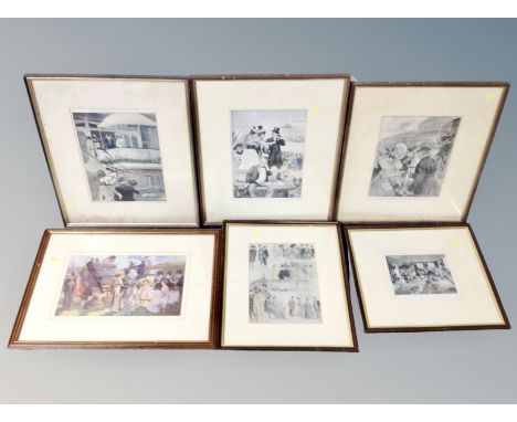 A colour print - The Jockey's dressing room at Ascot after John Lavery, together with five further antique prints 