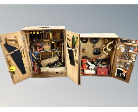 Two oak tool cabinets and contents including various hand tools 