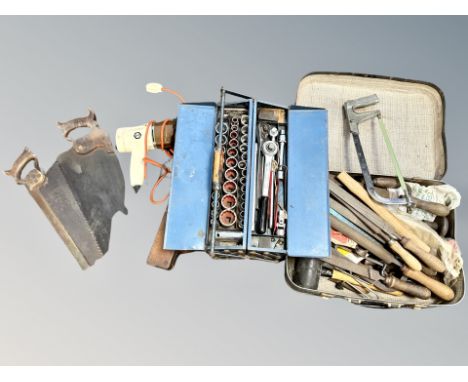 A concertina tool box, suitcase and further box containing mainly hand tools, two saws, working planes, files etc 