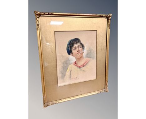 Italian School : Portrait of a young boy smoking a cigarette, watercolour, 24 cm x 20 cm, signed Scotti
