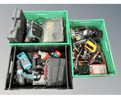 Three crates of hand and power tools 