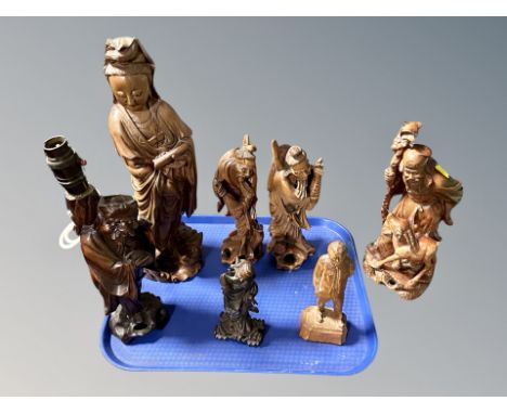 A group of Chinese root wood carvings, lamp base etc 