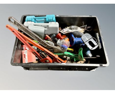 A box of hand and power tools, monkey wrenches etc 