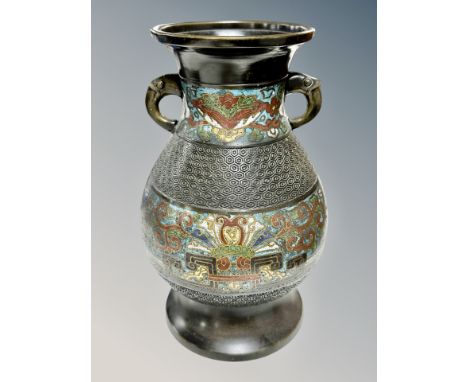 A 19th century Chinese bronze and cloisonne enamel twin handled vase, height 24 cm 