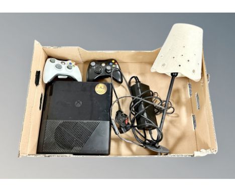 An Xbox 360 with two controllers and lead, two contemporary table lamp 