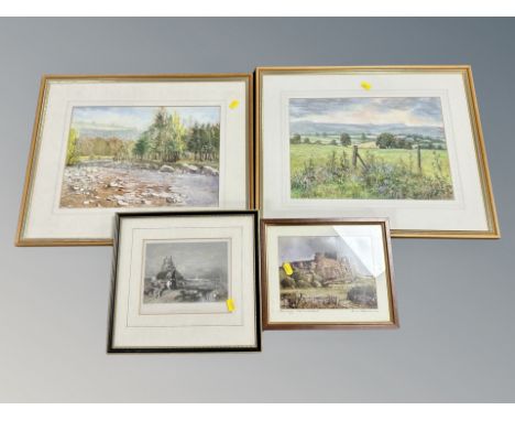 Two Myma Luff landscape watercolours together with a 19th century engraving of Holy island and a further print 