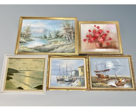 Four gilt framed oil paintings and a further print 