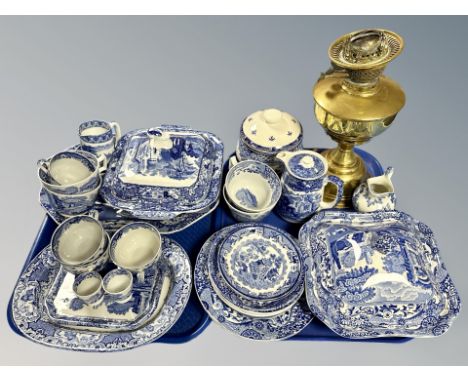 A group of English ironstone blue and white dinner ware, Copeland Spode, Masons etc, Brass oil lamp base 