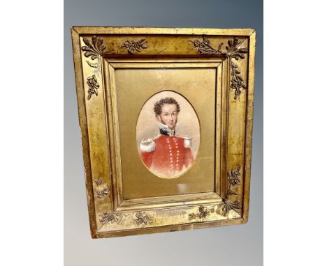 Early 19th century British School : A half length portrait of a young officer, watercolour, 14 cm x 10 cm (oval)