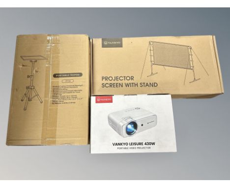 A boxed Vankyo Leisure 430W portable video projector, portable tripod and projector screen with stand (3)