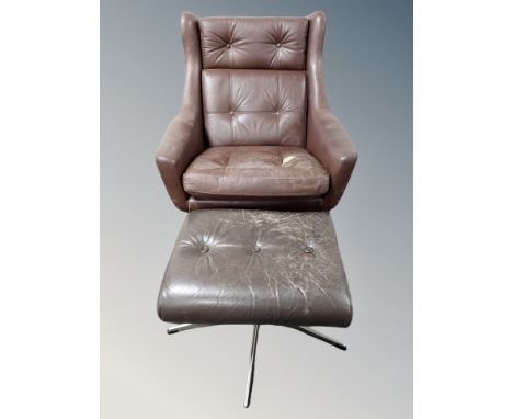 A 20th century Danish brown stitched and button leather swivel armchair on chrome support, together with a non-matching foots