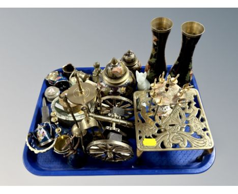 A group of metal wares, Indian enamel brass vases, miniature cannon on carriage, miniature companion set 
