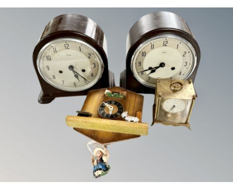 Two Bakelite cased Enfield mantel clocks together with a carriage clock and further wall clock 
