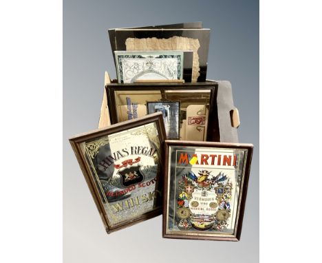 A group of advertising picture mirrors, Scotch whisky, Martini, Rolls Royce pictures etc 