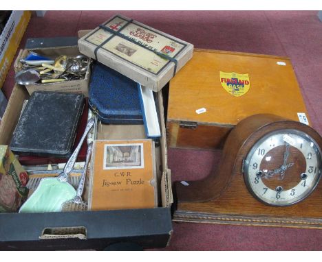 Enfiled Napoleon style mantle clock, wooden First Aid box, two vintage jigsaws one of St Davids Cathedral the other of Swanse