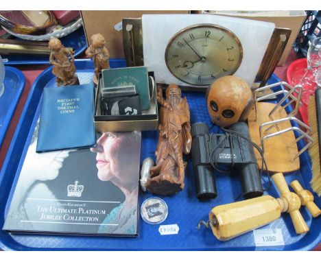 Metamec Mantle Clock, Chinese carved wooden figure 19cm high, coinage, binoculars, Rudolf Geisler figures, etc:- One Tray