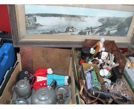 Pewter Tea Set, XIX Century copper book plates (x 4), Golly, Harper mincer, cameras, Babycham glasses, cutlery etc:- Two Boxe