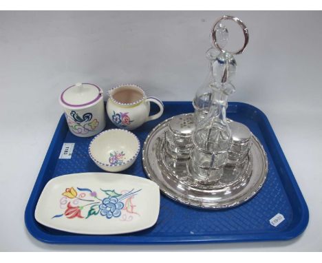 Four Piece Cruet Set in Plated Stand. Four pieces of Poole pottery:- One Tray.