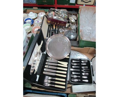 A Large Quantity of Silver Plated Items and Boxed Cutlery, including Edwardian flask, three piece teaset, sugar dispenser, tr