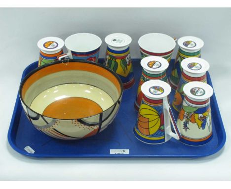 Wrenn Mugs in The Art Deco Manner (x 8), similar Past Times example. Clarice Cliff Bizarre Carpet Bowl, (damaged two 6mm vert