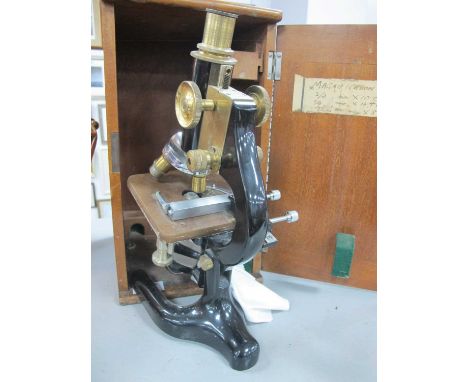 Microscope, Prior of London, in black lacquer and brass, 6718, C. Barker London Scale, lens, holders, in box.