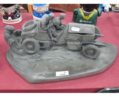 After Wilhelm Zwick, late 20th century, resin/pewter effect inkwell in the form of a racing car, Length approx 38 cm. Damage 