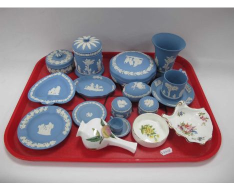 Wedgwood Powder Blue Jasper Ware, including lidded jars, vase, egg trinket etc, Hammersley, Doulton, etc:- One Tray.