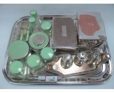 Silver Plated Boxes, cruet set, 1930s ladies dressing table items all on a vintage chrome tray.