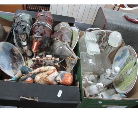 Three Melba Horses, Capodimonte tramp, ceramic plates, glass decanters, ceramic figures:- two Boxes.