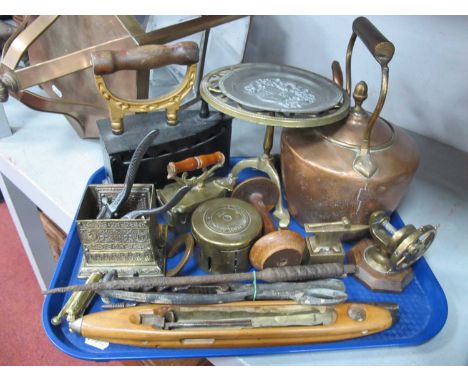 Flat Irons, copper kettle, loom, small brass anvil, ships wheel nutcracker, etc:- One Tray