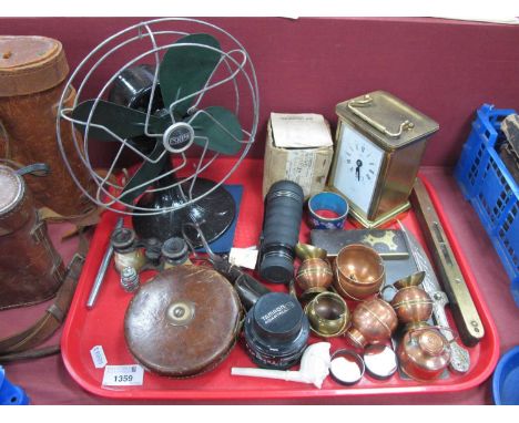 Small 1930s Desk Fan, vintage brass level and square camera etc;- oNE tRAY.