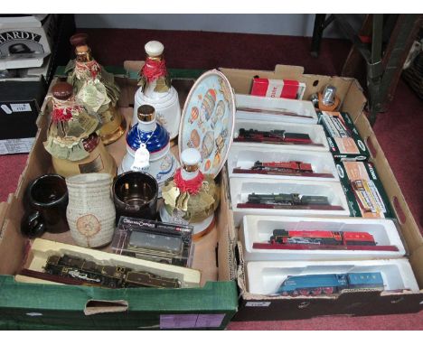 Corgi Three Boxed Buses, seven model trains, empty Whiskey bells, traction badge, ceramics, hip flask:- Two Boxes.