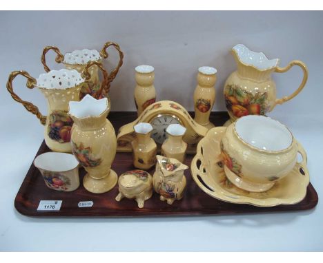 Aynsley 'Orchard Gold', vases, jug, candlesticks, clock, frog, owl, dish, etc (14):- One Tray.Frog trinket box with crack and