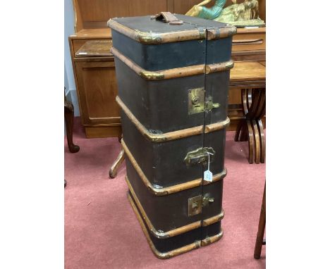 Wood Bound Trunk, M.M.W with inner tray, 91cm wide excluding leather handles.