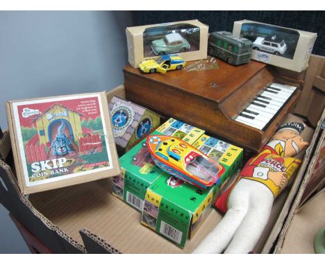 Vintage Toys - A playable toy grand piano, boxed die cast, cars, tinplate boxed dog kennel bank, etc:- One Box.
