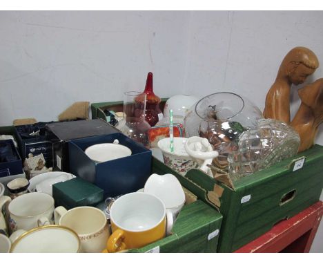 Vintage glass shades and chimney, glass bowls, carved woode figure of couple and a quantity of ceramics to include many comme