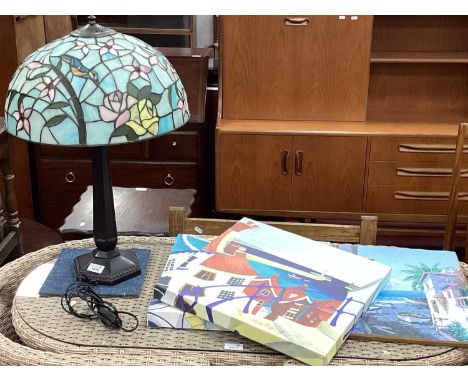 Tiffany Style Table Lamp, with opaline panels to shade, on hexagonal base, 63cm high. Two Catherine Stephenson Whitby prints,